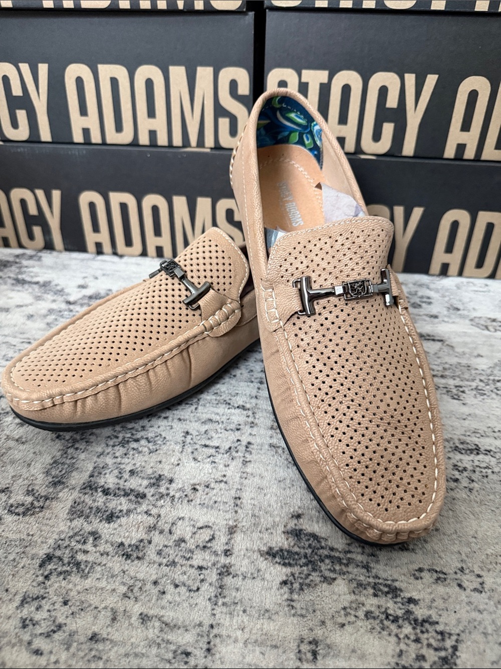 Stacy Adams Beige Perforated Slip-On Loafers with Metal Bit-New in Box